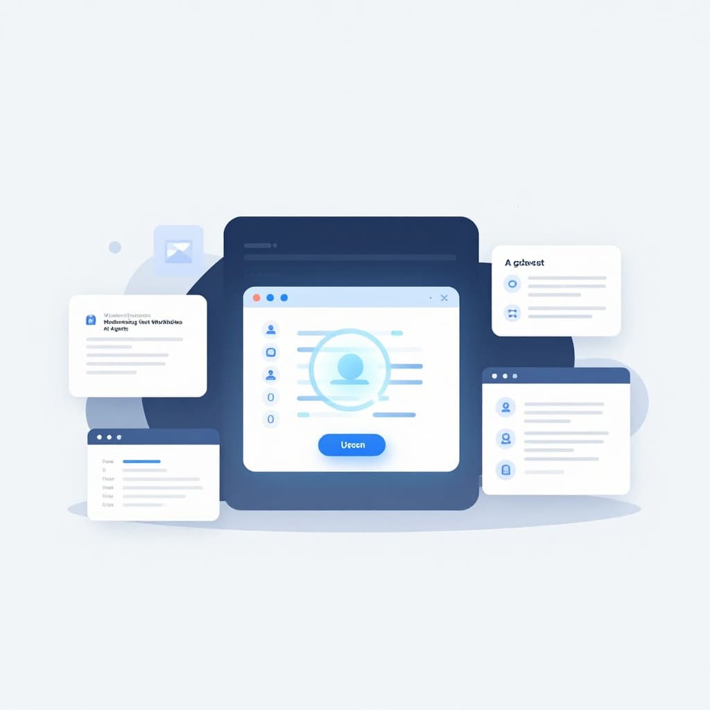 A glowing central orb connects to multiple floating software panels within a minimalist digital workspace. These abstract modules represent interconnected data streams arranged in a clean, organized, and modern layout.