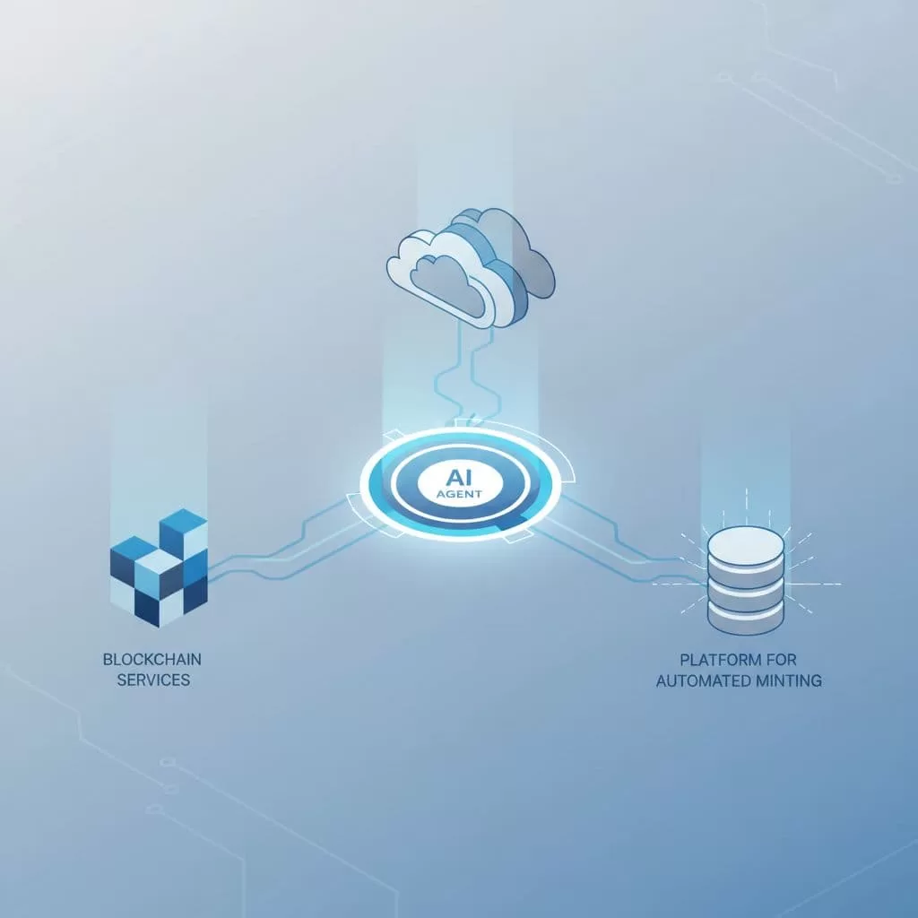 A central glowing node connects to surrounding blockchain and cloud service nodes in a minimalist digital network.