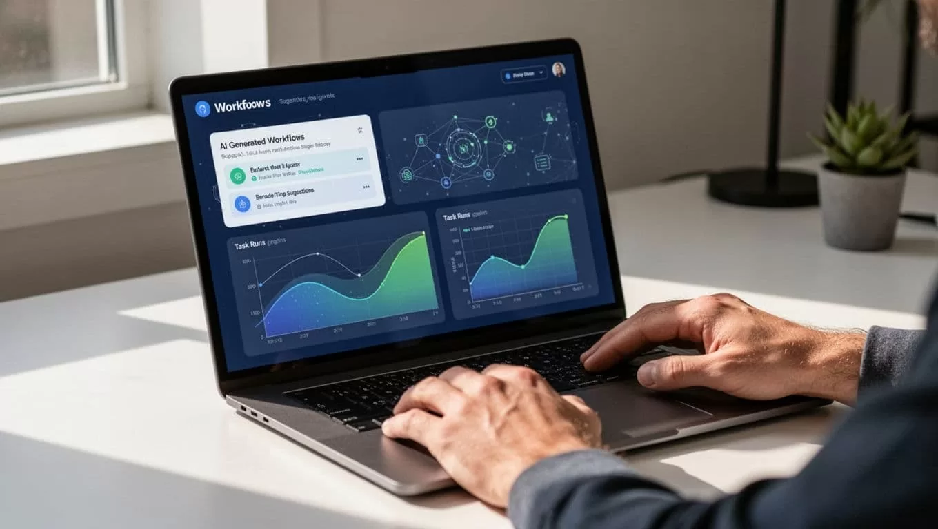Laptop screen shows dashboard with workflow graphs, task runs, and integration icons in modern workspace; hands nearby.