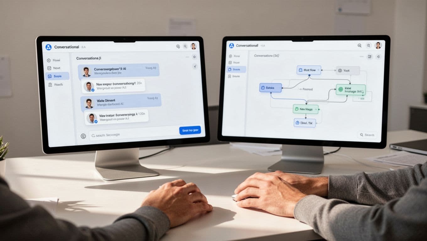 Two dashboards side by side on a workspace table: one AI chat interface, one visual flow builder, with notes and relaxed hands.