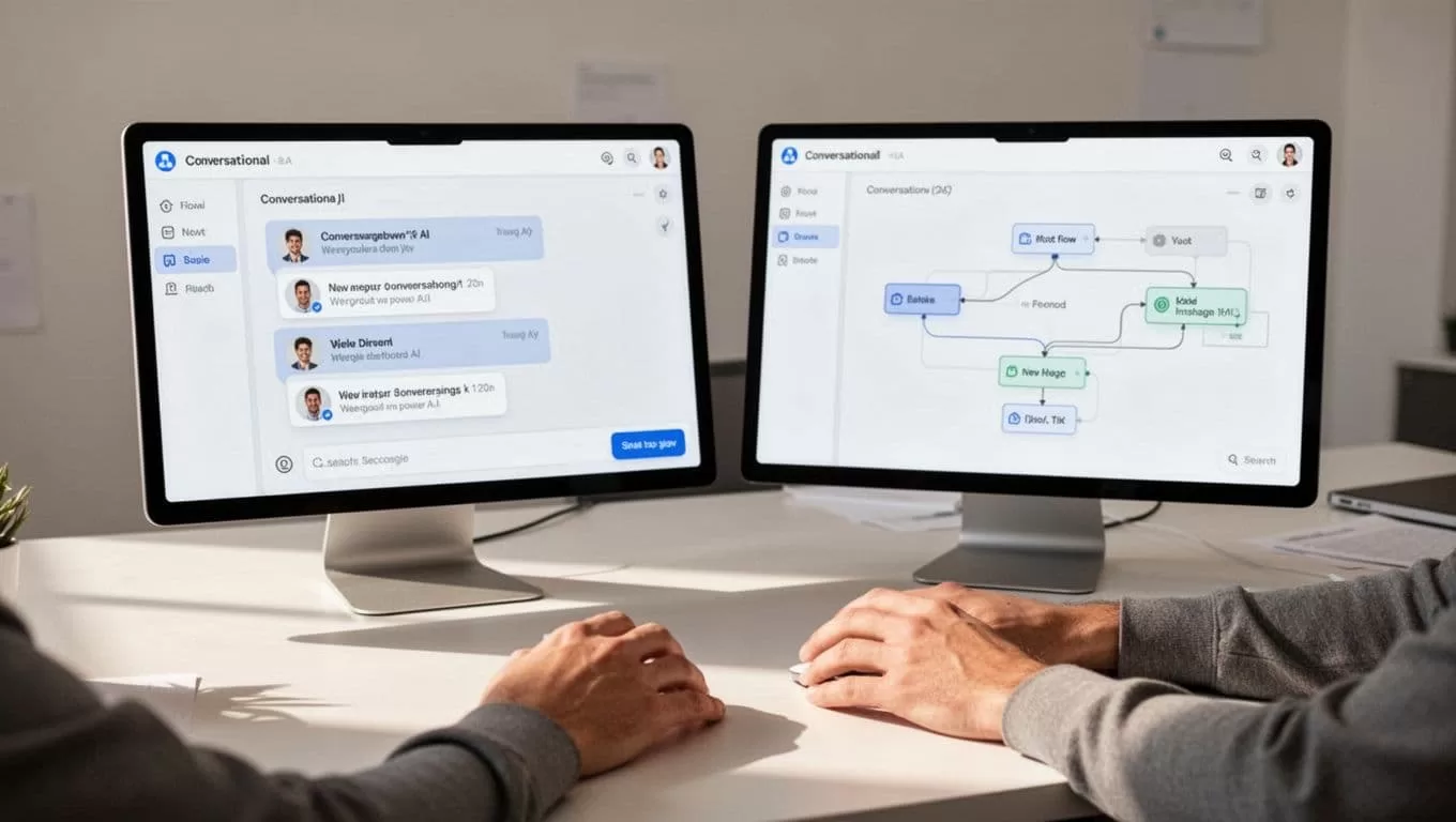Two dashboards side by side on a workspace table: one AI chat interface, one visual flow builder, with notes and relaxed hands.