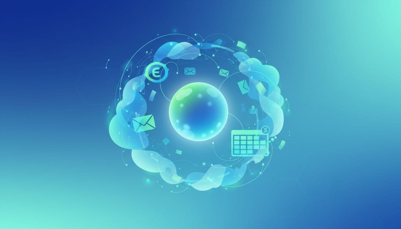 Glowing central orb surrounded by floating email and spreadsheet icons in blue-green cloud environment.