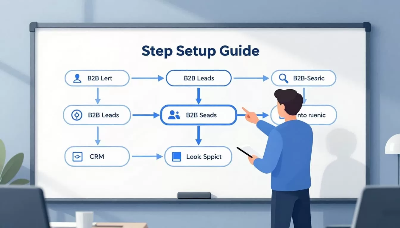 Person points to whiteboard flowchart of B2B leads automation from search to CRM in modern office with daylight.