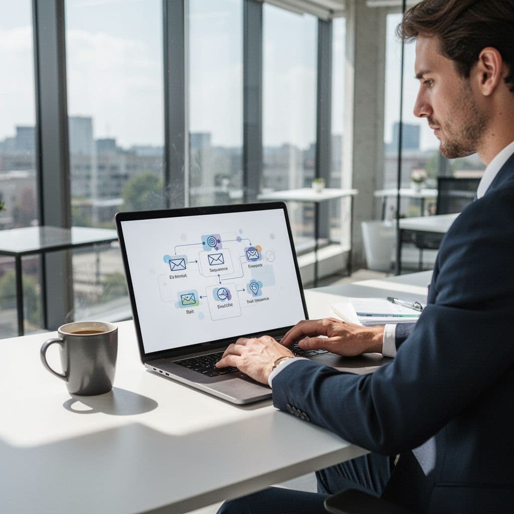 Salesperson in modern workspace focuses on laptop displaying email campaign steps for send, follow-up, track, coffee mug nearby.