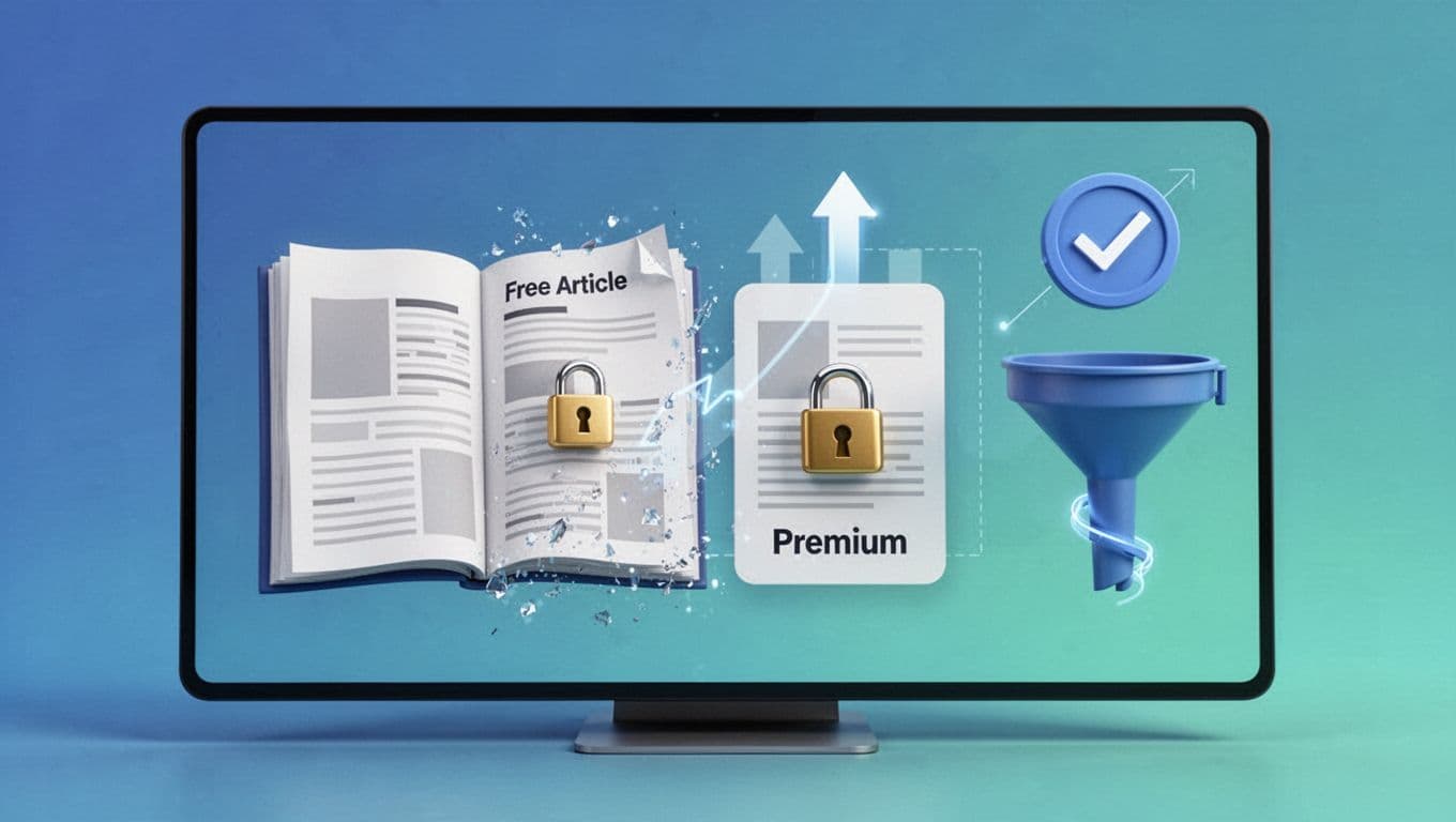 Illustration shows free teaser post flowing into paywalled premium content with subscriber growth and conversion funnel icons on digital screen.