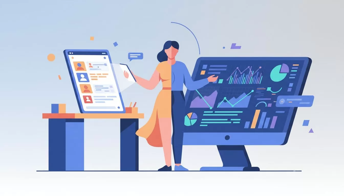 A flat-design illustration shows a person standing between two distinct workstations. To the left sits a simple tablet screen, while the right side features a large monitor displaying complex data visualizations.