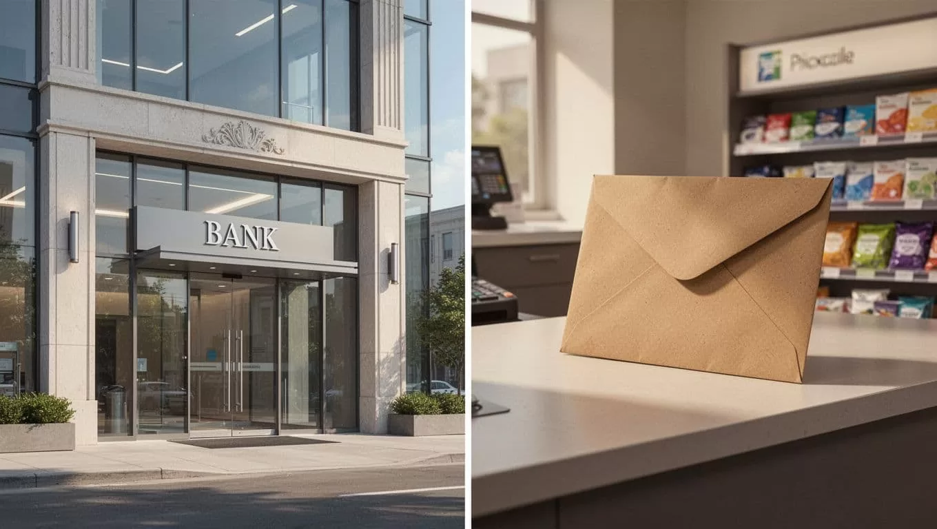Split-screen shows bank building on left for deposit and cash envelope at store on right.