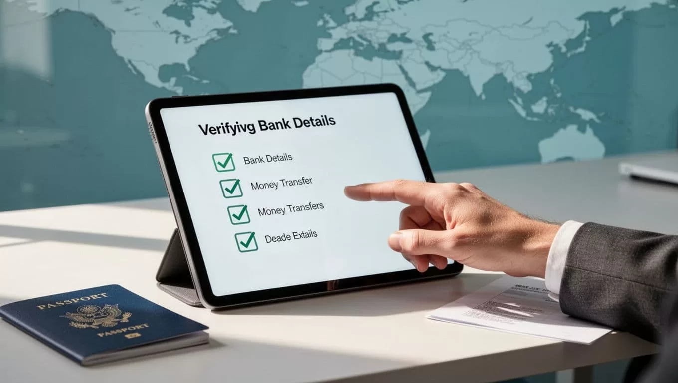 Hand points relaxed at checklist on tablet screen for bank details, passport on office desk, subtle Pakistan map background.
