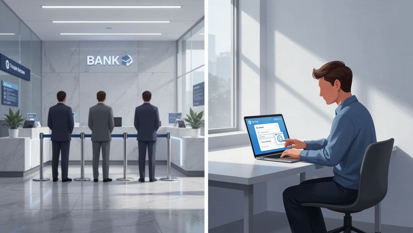 Split image contrasts bank branch queue of three figures on left with single person using laptop for Wise transfer on right.