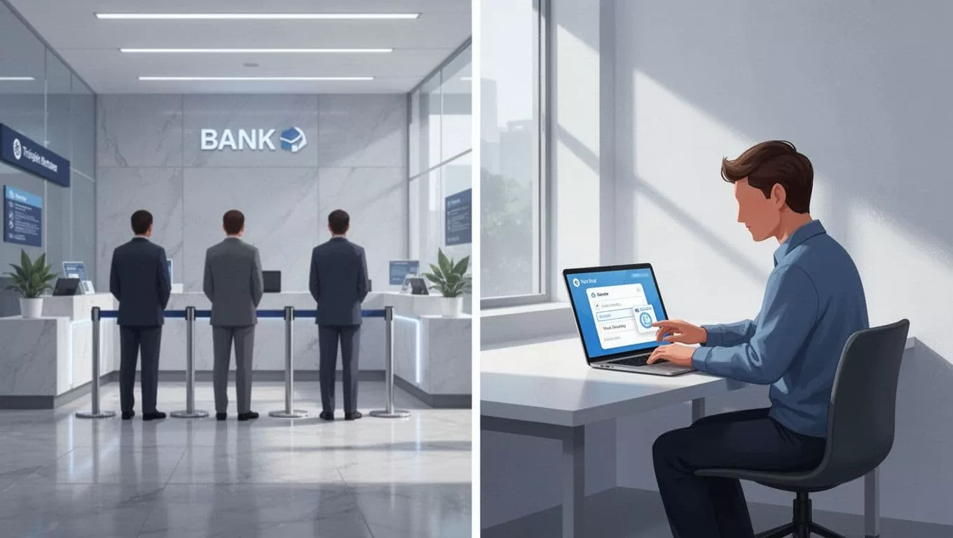 Split image contrasts bank branch queue of three figures on left with single person using laptop for Wise transfer on right.