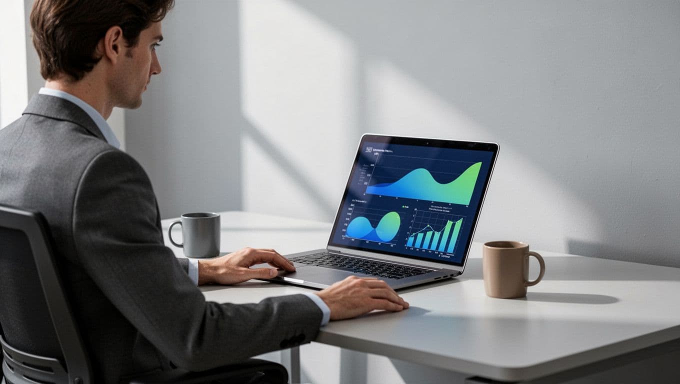 Person at desk with laptop showing subscription revenue and customer graphs, coffee mug nearby.
