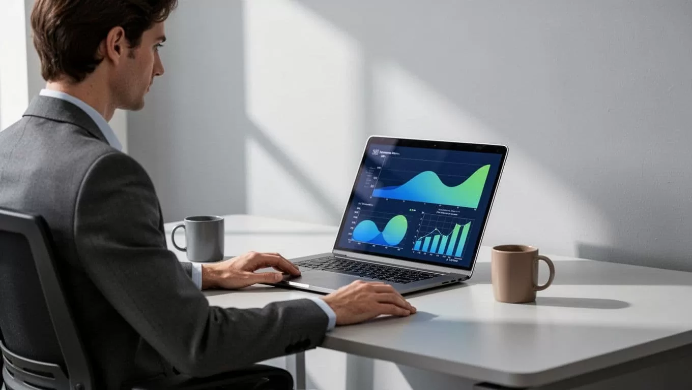 Person at desk with laptop showing subscription revenue and customer graphs, coffee mug nearby.