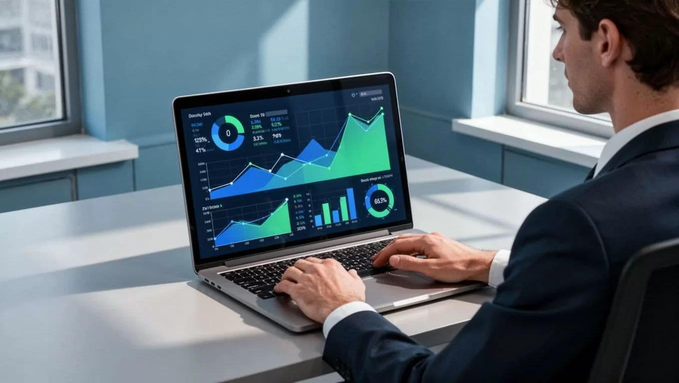 Person in modern office views centered laptop screen showing Baremetrics dashboard with churn charts in blue-green palette.