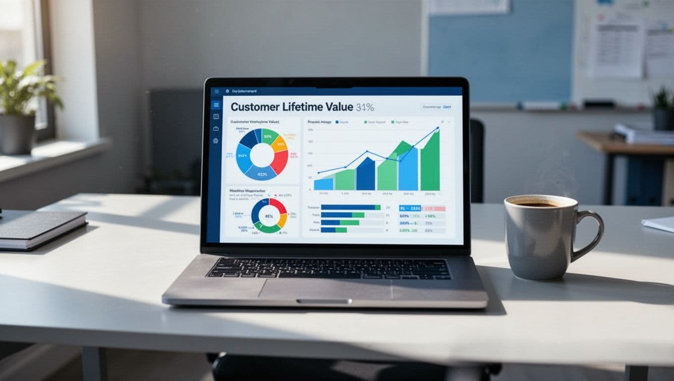 Laptop on clean office desk displays dashboard with customer lifetime value metrics and charts, coffee mug nearby.