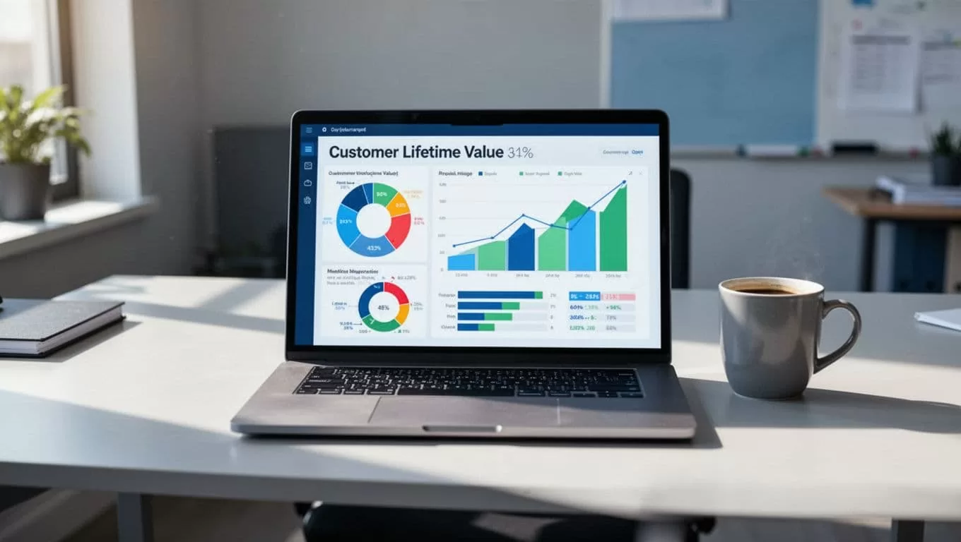 Laptop on clean office desk displays dashboard with customer lifetime value metrics and charts, coffee mug nearby.