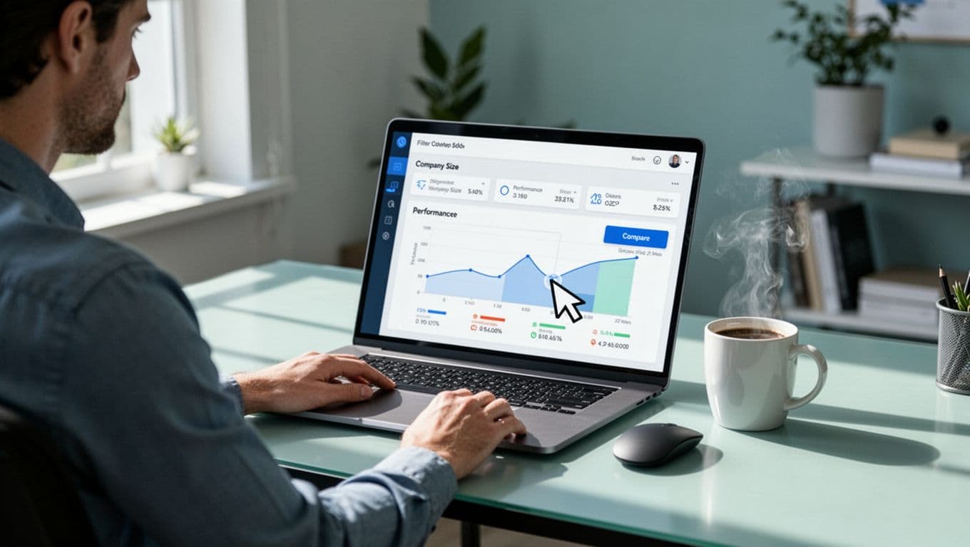 Person at home office desk views Baremetrics dashboard with benchmark filters for company size and metrics, cursor on compare button, coffee cup nearby.