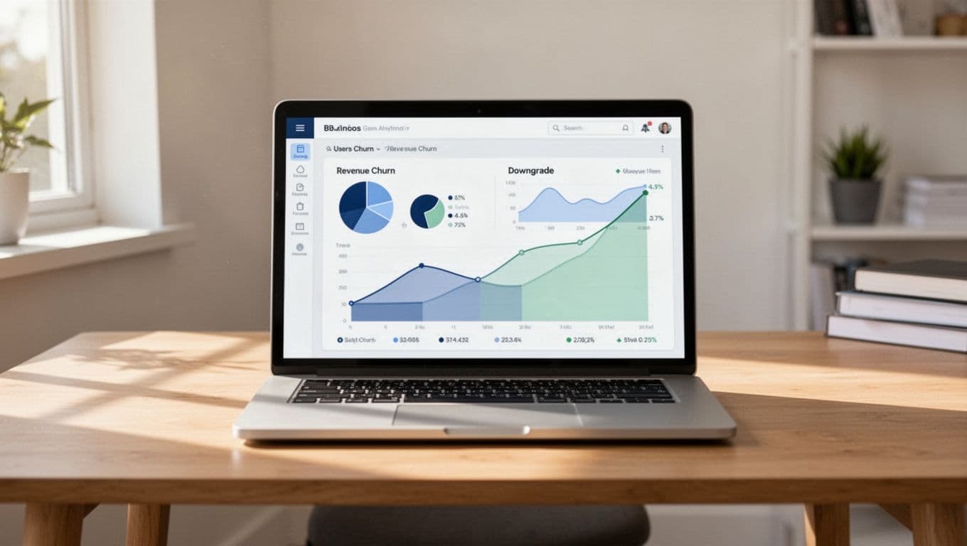 Laptop on wooden desk displays Baremetrics dashboard charts for user churn, revenue churn, and downgrades in bright home office.