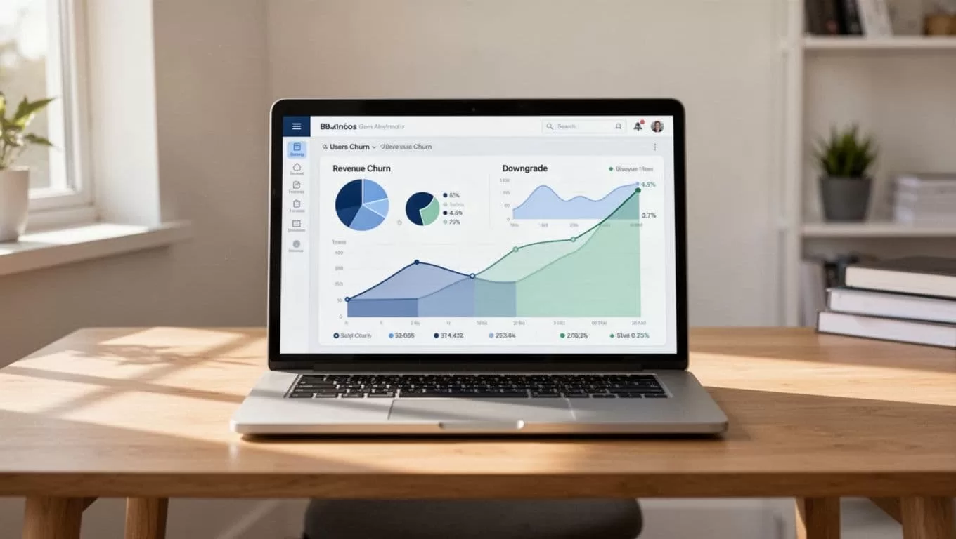 Laptop on wooden desk displays Baremetrics dashboard charts for user churn, revenue churn, and downgrades in bright home office.