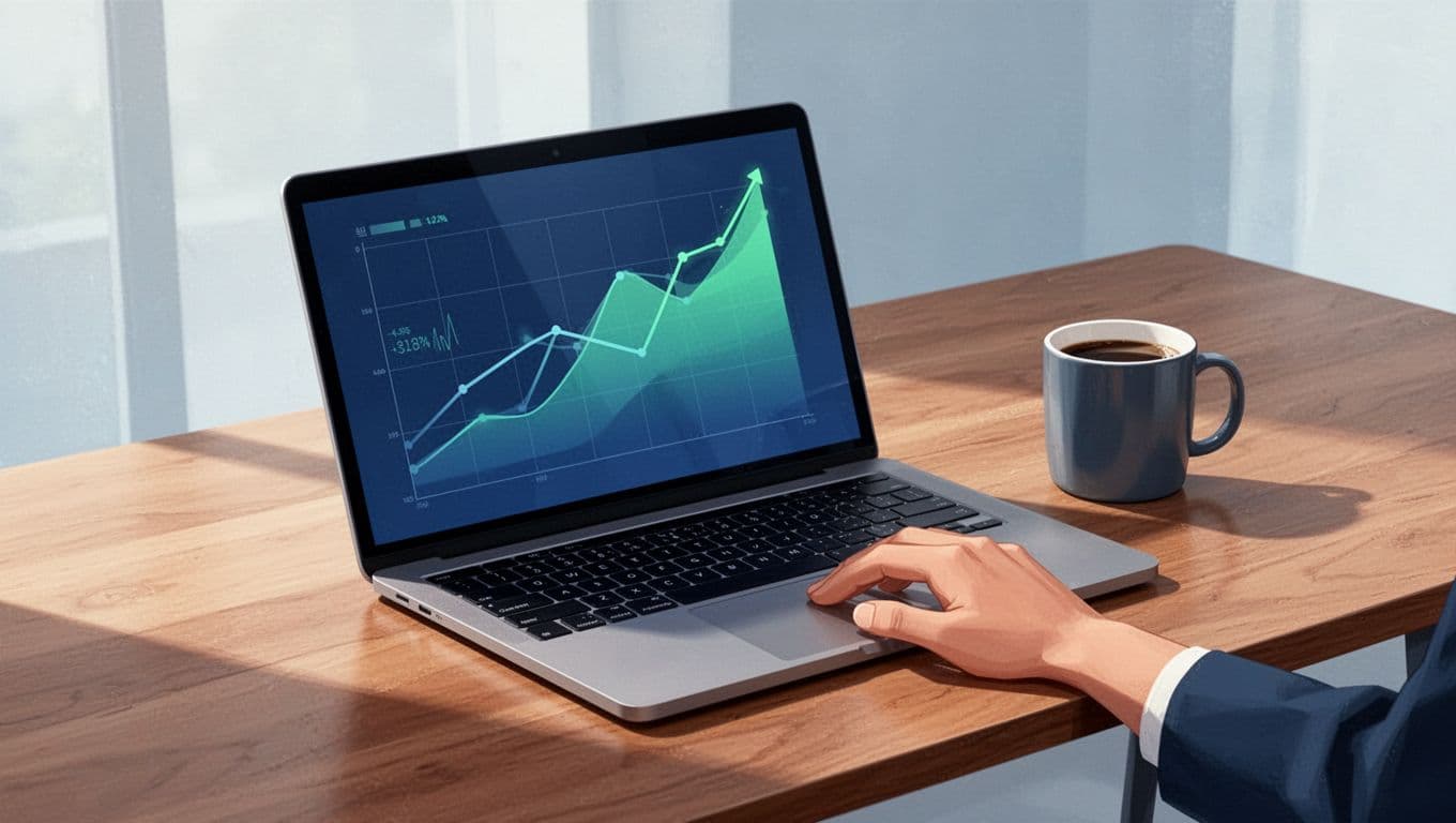 Laptop on wooden desk displays SaaS analytics dashboard with revenue line charts, coffee mug beside it, hand near keyboard.