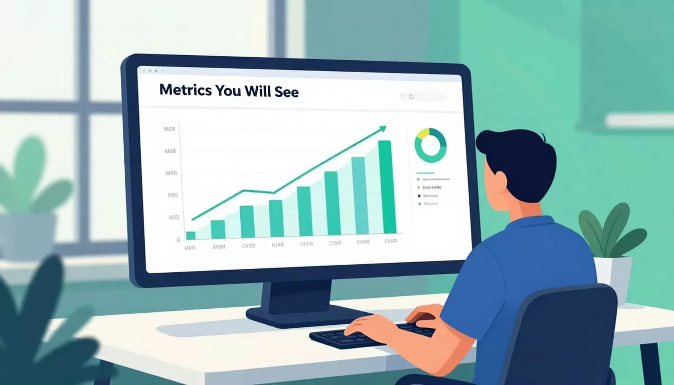 Person at desk views Baremetrics screen with rising MRR bar, small churn pie, and upward revenue line.