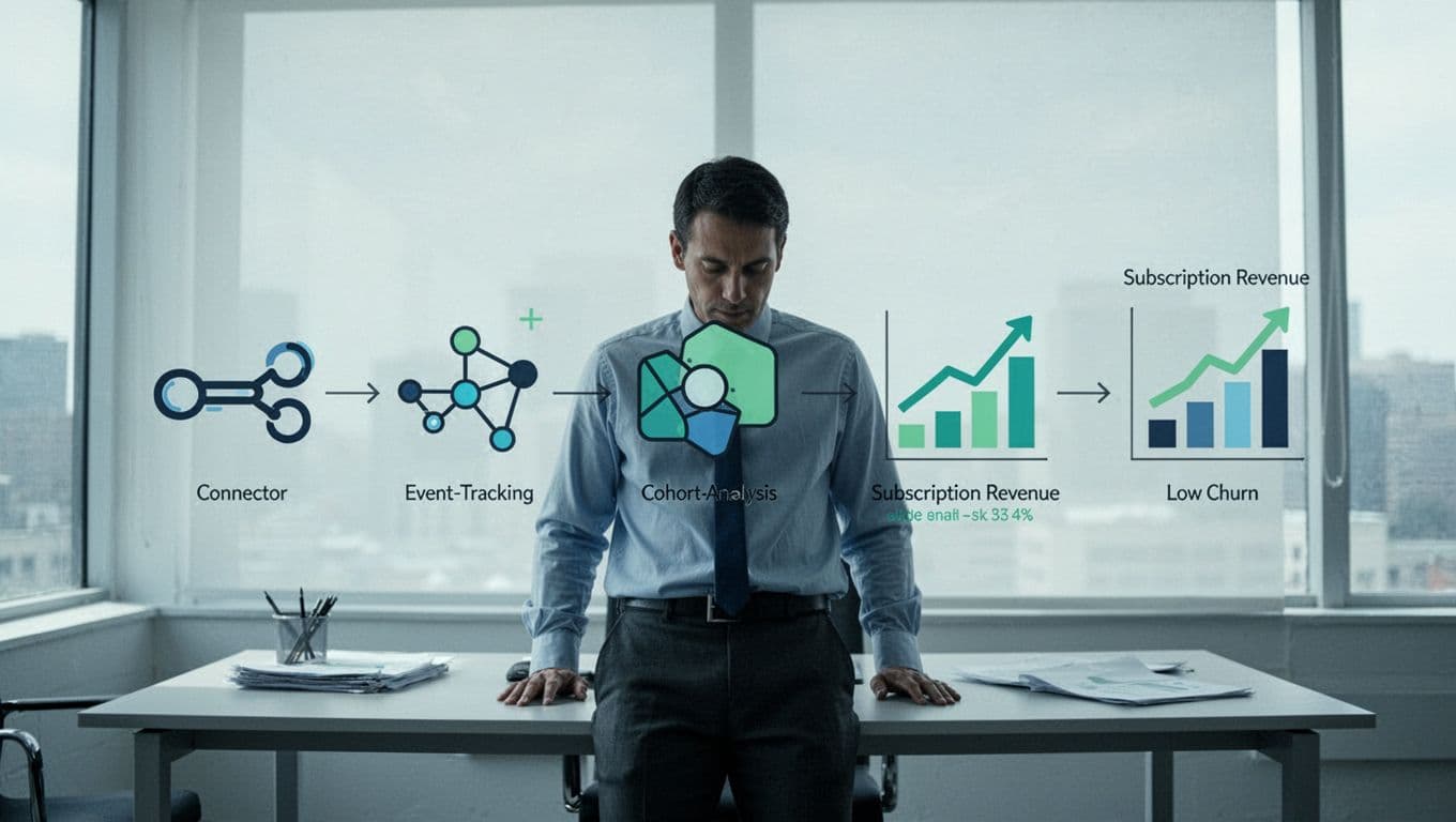 Step-by-step icons show app data flowing to Baremetrics, events correlating with MRR growth and low churn charts, centered on one analyst.