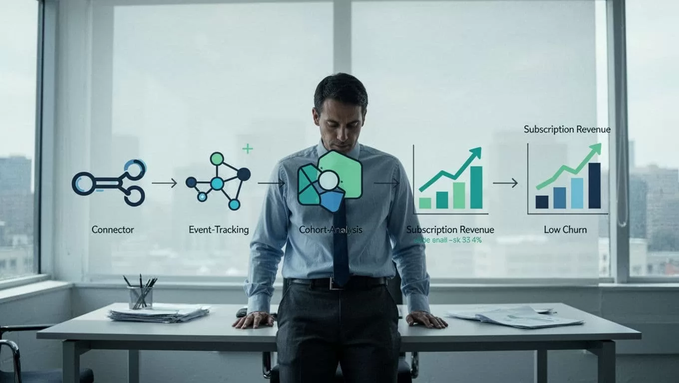 Step-by-step icons show app data flowing to Baremetrics, events correlating with MRR growth and low churn charts, centered on one analyst.