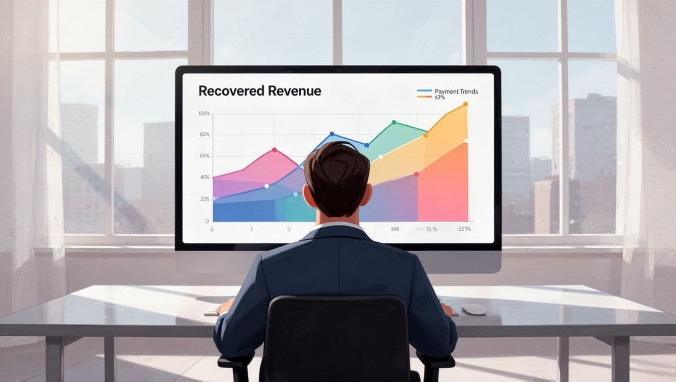 Monitor in bright workspace shows Baremetrics dashboard charts for recovered MRR, failed payments rate, and churn reduction, viewed from behind one person.