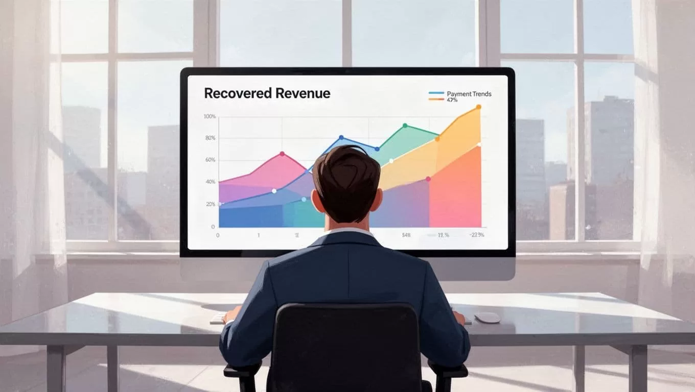 Monitor in bright workspace shows Baremetrics dashboard charts for recovered MRR, failed payments rate, and churn reduction, viewed from behind one person.