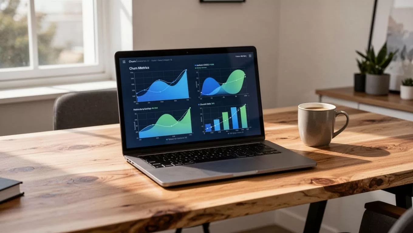 Laptop on wooden desk in home office shows Baremetrics dashboard with MRR churn metrics and nearby coffee mug under soft light.