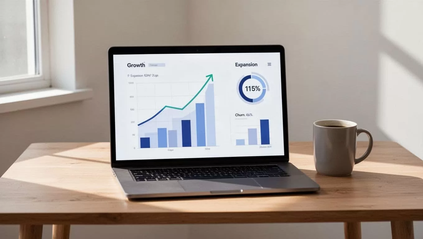 Laptop on wooden desk displays SaaS dashboard with NRR metric, MRR growth line chart, churn bars, coffee mug nearby.