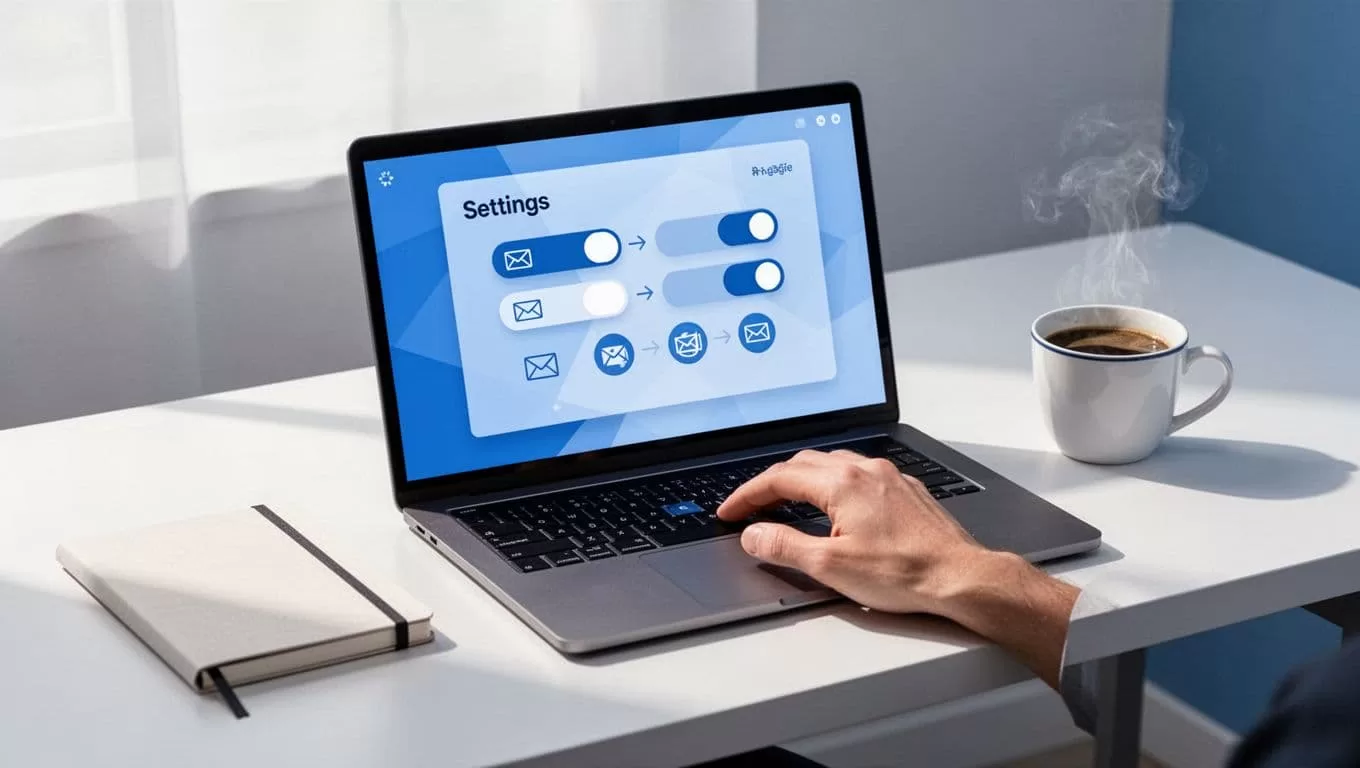 Laptop on modern desk displays Recover add-on settings with toggles and email sequence options, hand on trackpad, notebook and coffee nearby.
