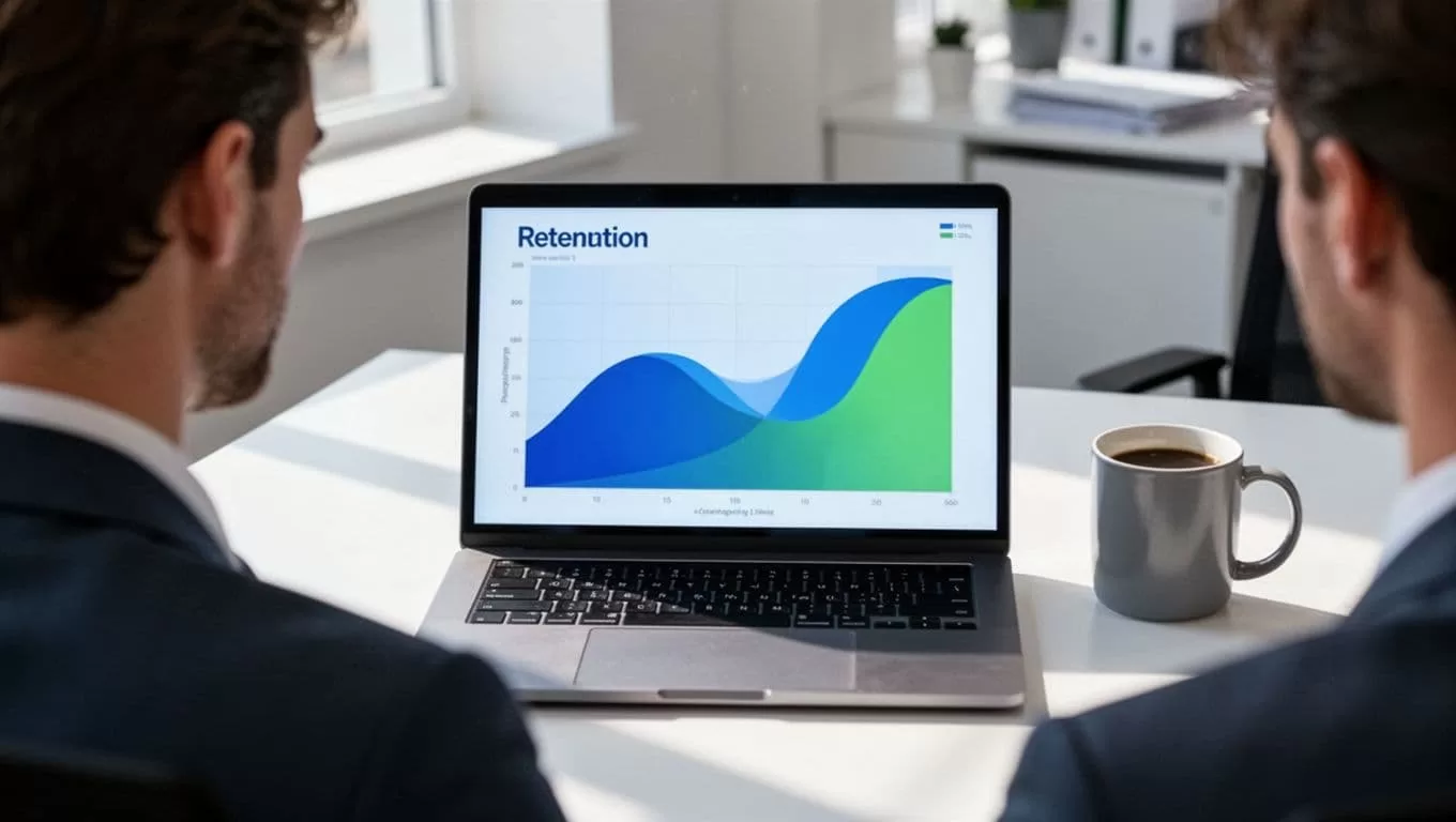 Person views Baremetrics dashboard with cohort retention curves and churn rates on office desk computer screen beside coffee mug.