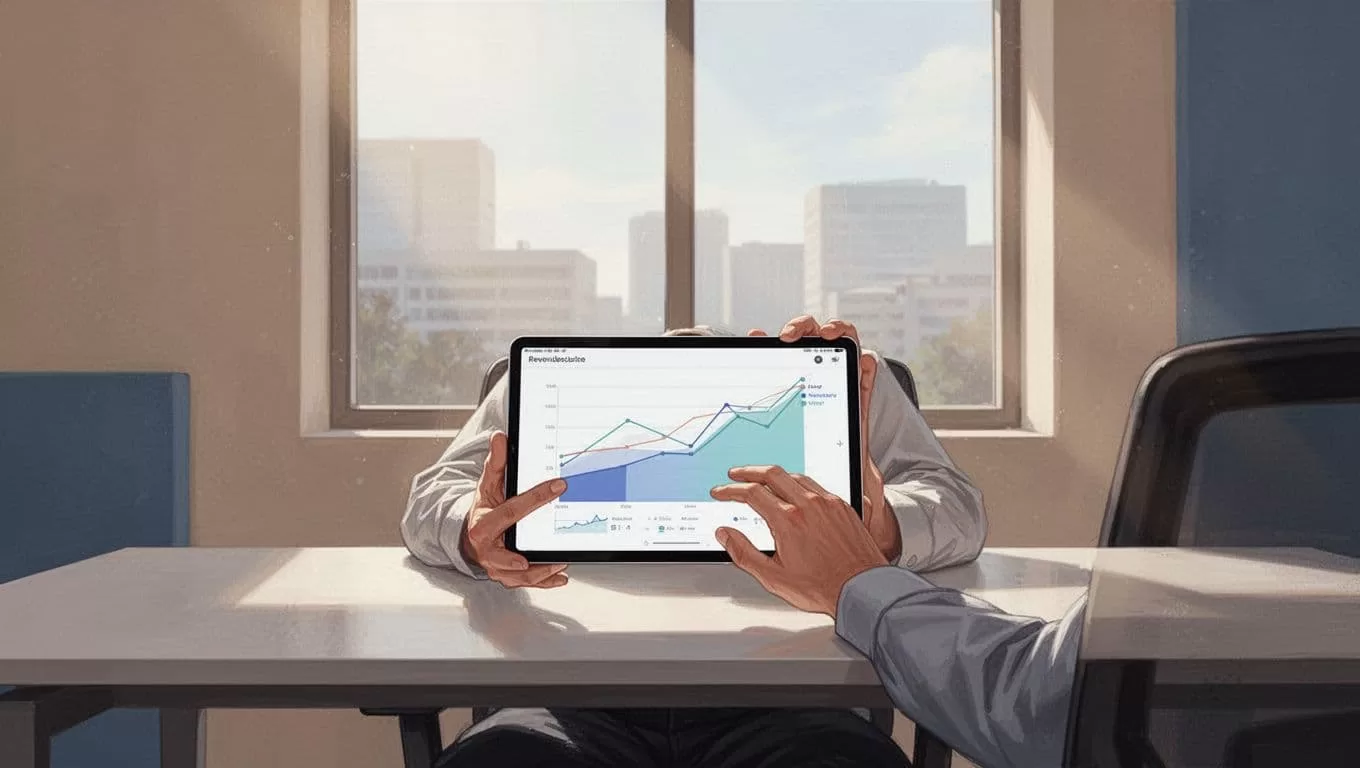 Person at desk holds tablet showing revenue trends from upgrades with relaxed hands, office window behind.