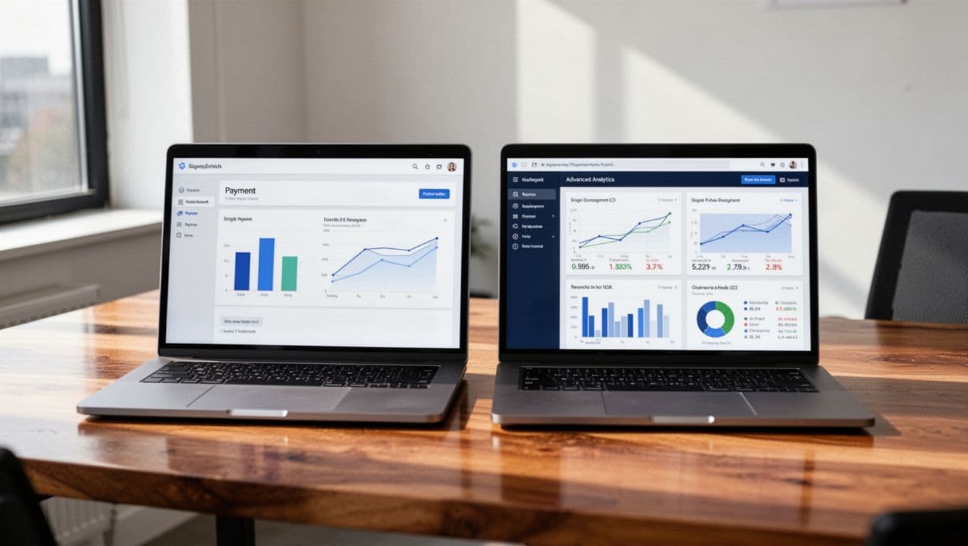 Two laptops side-by-side on a wooden desk in a bright office: left screen shows simple bar and line charts, right displays complex metrics graphs.