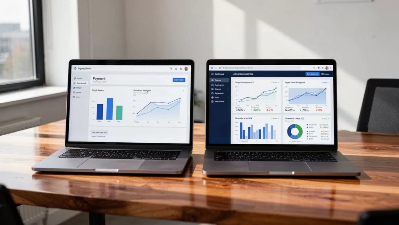 Two laptops side-by-side on a wooden desk in a bright office: left screen shows simple bar and line charts, right displays complex metrics graphs.