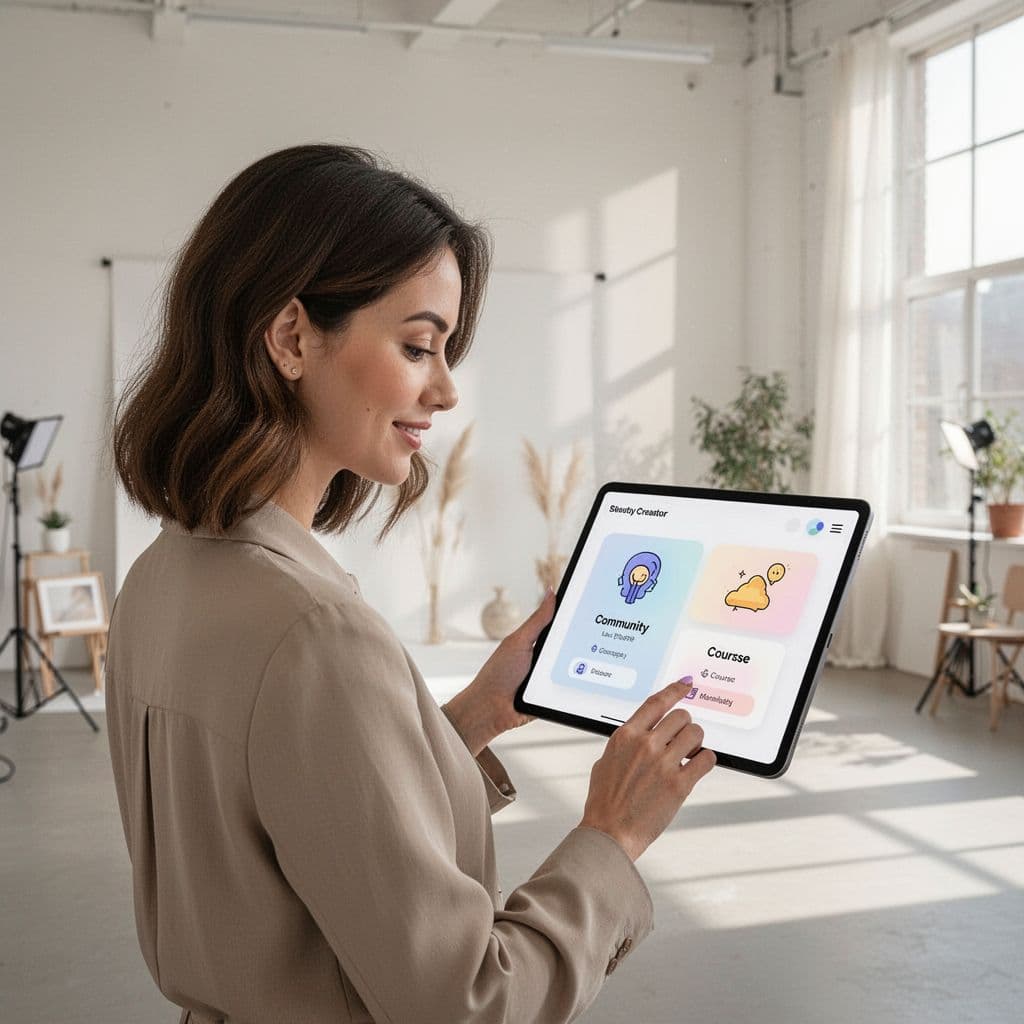 Beauty creator looks at tablet showing community and course icons in bright studio.