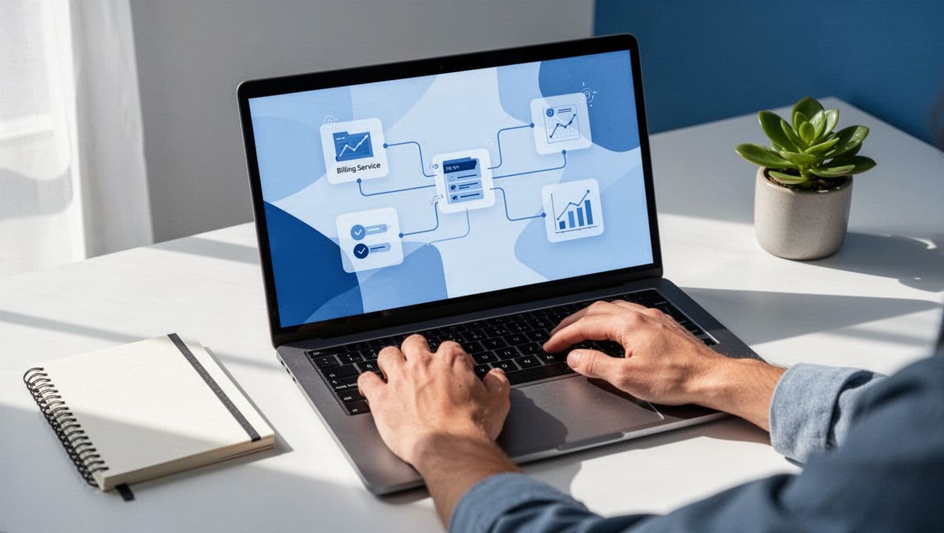 Relaxed hands type on laptop keyboard in modern workspace with notebook and plant, screen shows billing to analytics connection lines.
