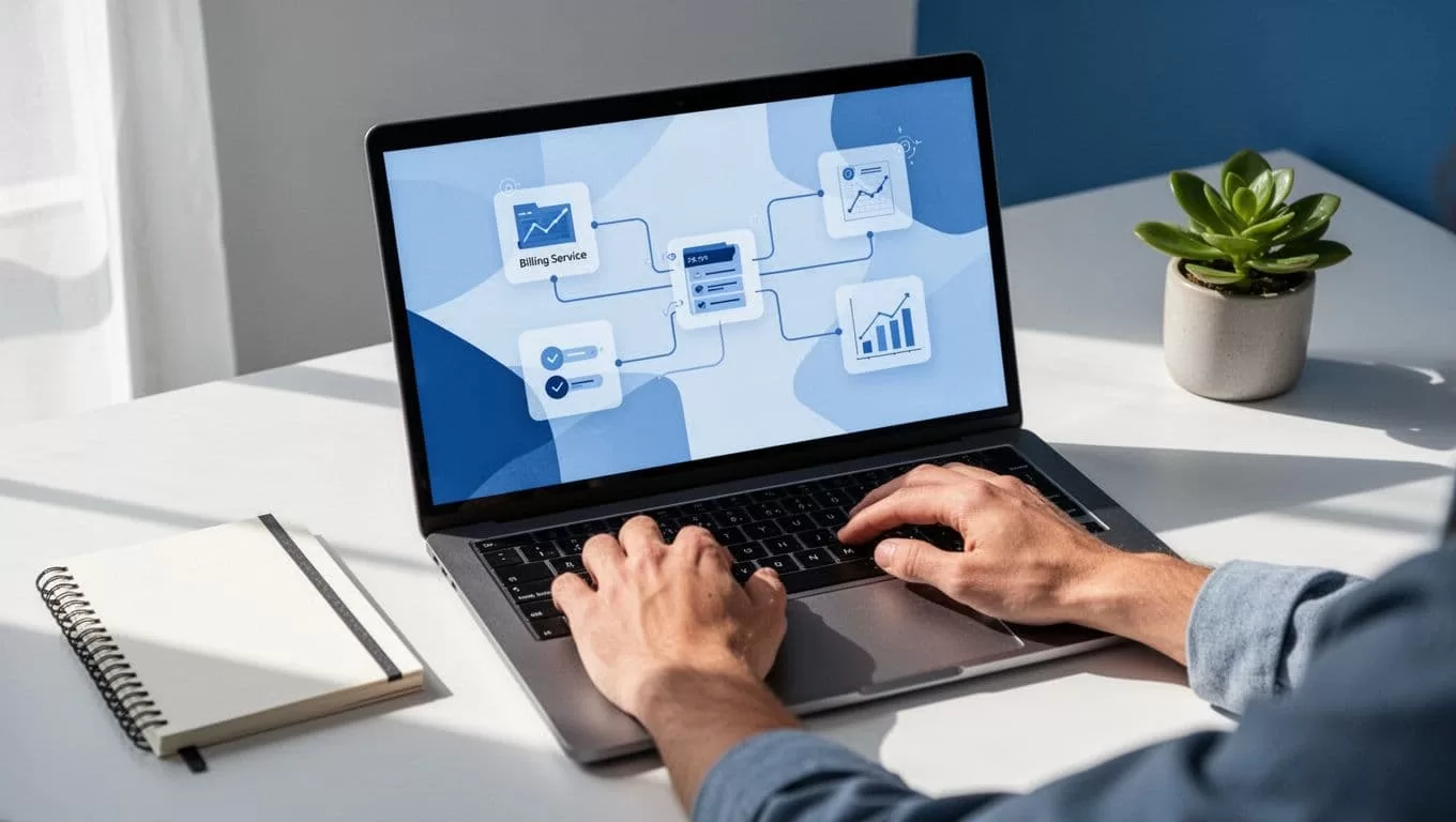 Relaxed hands type on laptop keyboard in modern workspace with notebook and plant, screen shows billing to analytics connection lines.