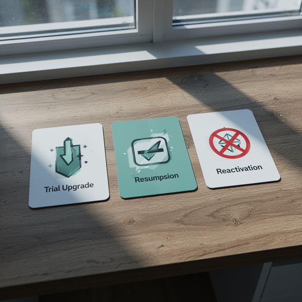 Three cards on a desk show icons for trial upgrade, paused resumption, and canceled reactivation in blue-green tones.