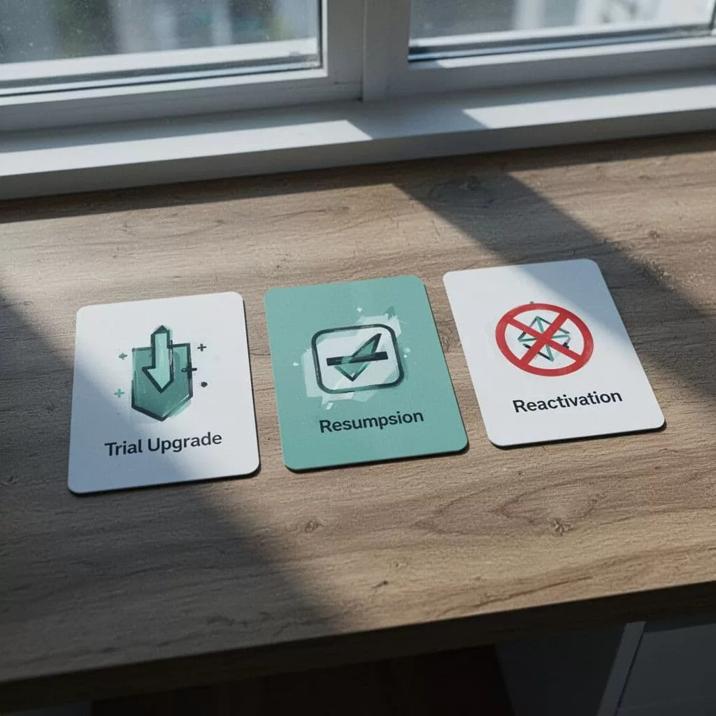 Three cards on a desk show icons for trial upgrade, paused resumption, and canceled reactivation in blue-green tones.