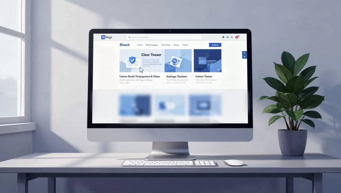 Computer screen shows blog page with clear top teaser and blurred bottom paywall in simple room with plant.