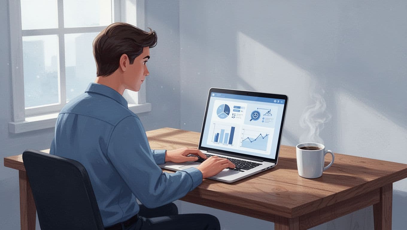 Blogger sits at wooden desk in home office, laptop displays membership dashboard with gated posts and pricing tiers, coffee mug nearby, natural window light.