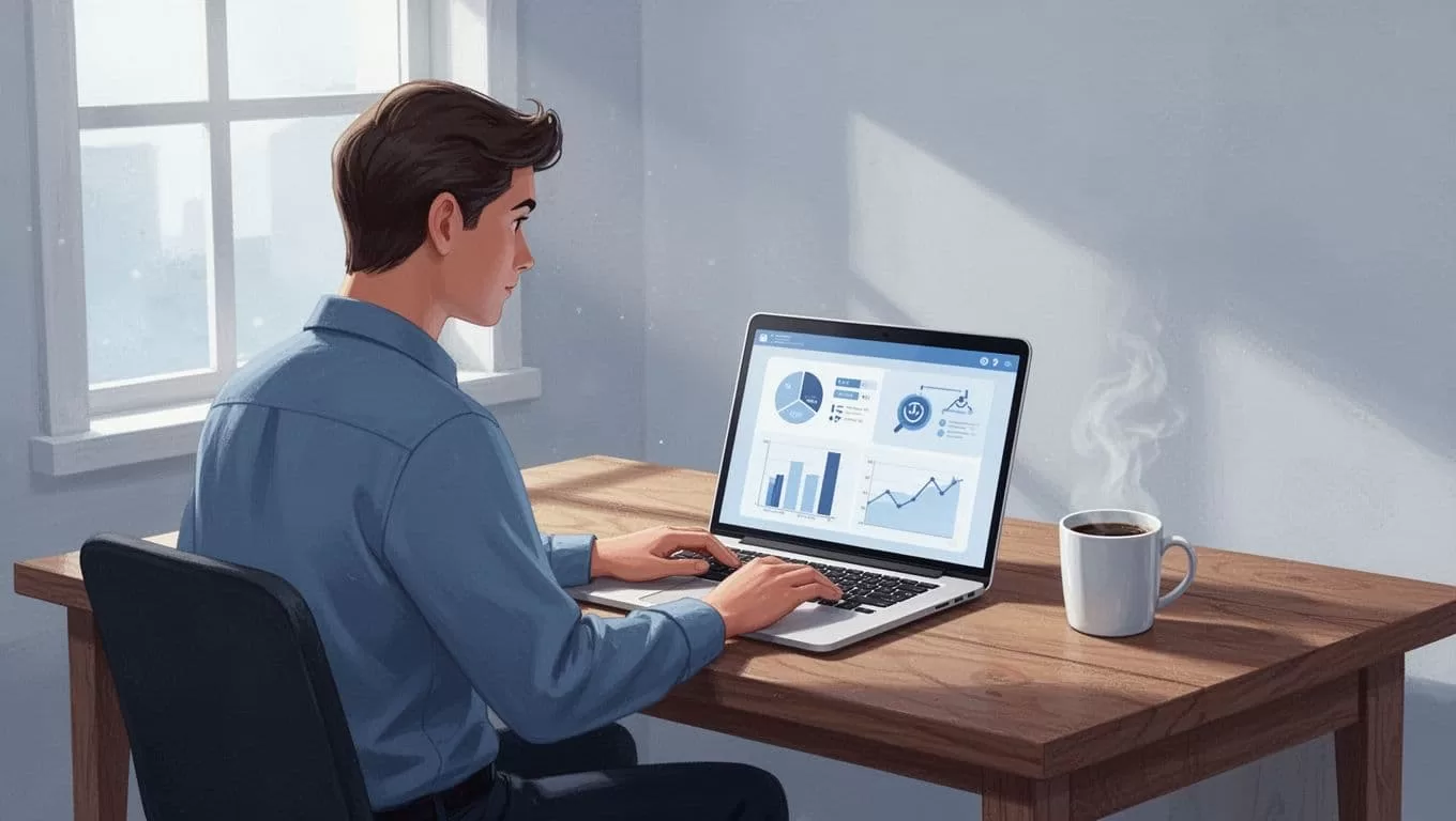 Blogger sits at wooden desk in home office, laptop displays membership dashboard with gated posts and pricing tiers, coffee mug nearby, natural window light.