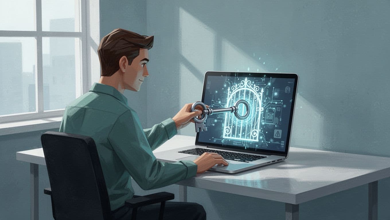 Blogger at desk locks digital blog post behind paywall gate using key on laptop.