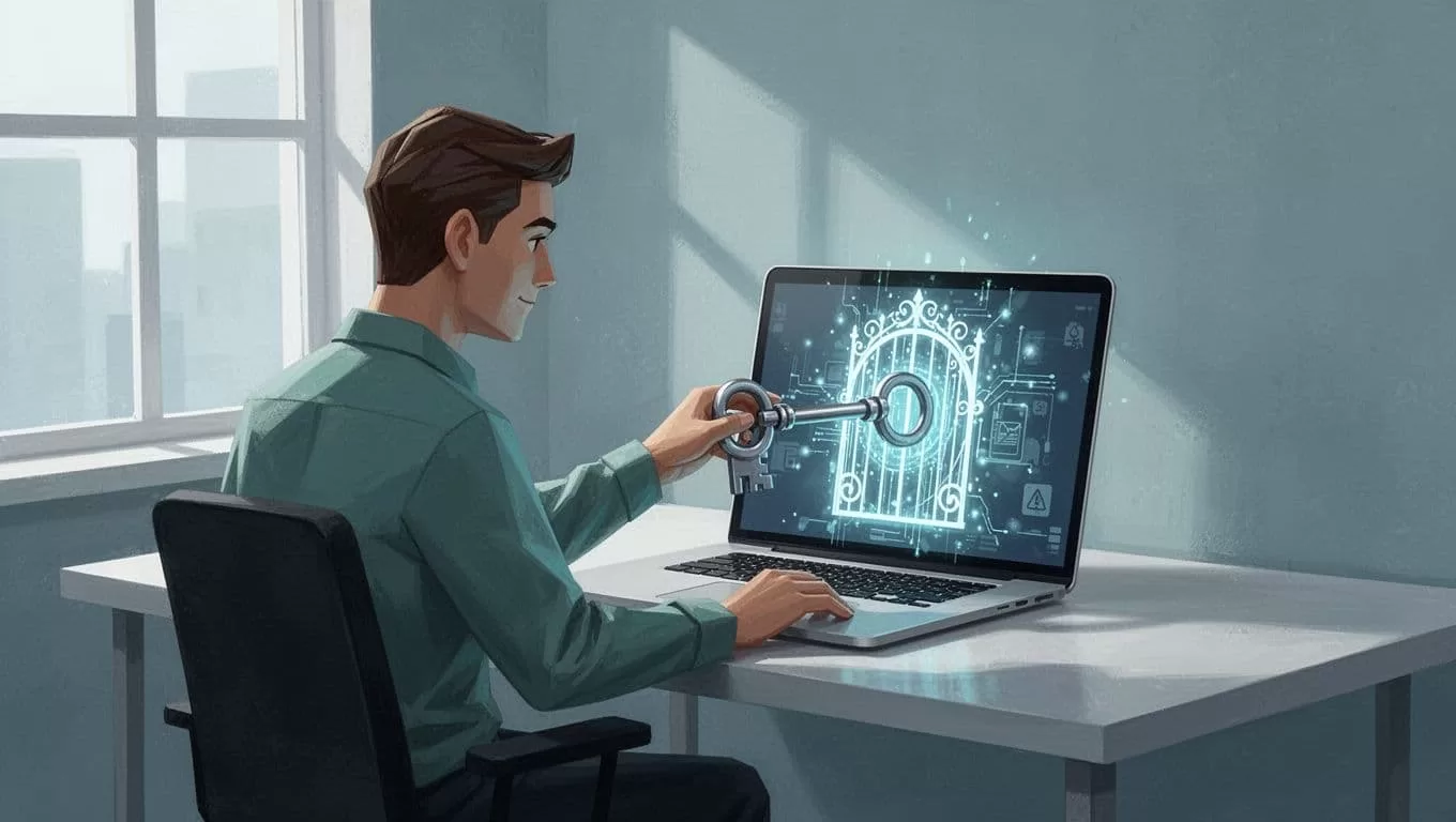 Blogger at desk locks digital blog post behind paywall gate using key on laptop.