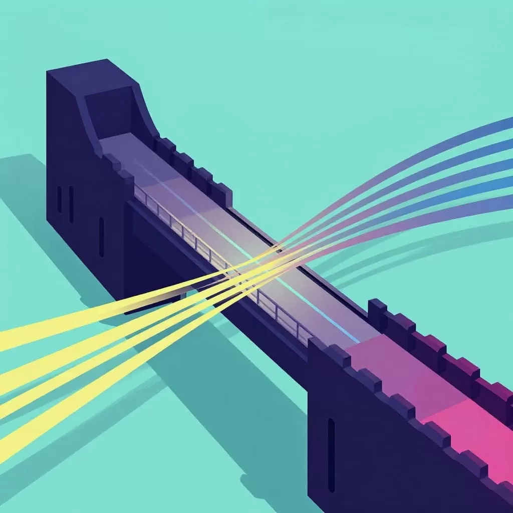A geometric dark structure on the left connects via a bridge to a vibrant glowing network of flowing lines on the right, symbolizing the transition from dated systems to automated technology.