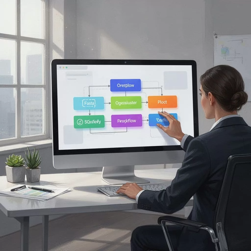 A person organizes vibrant geometric blocks on a large computer display to construct a logic path. Minimalist shapes and a balanced color palette clearly represent the structure of an automated digital system.