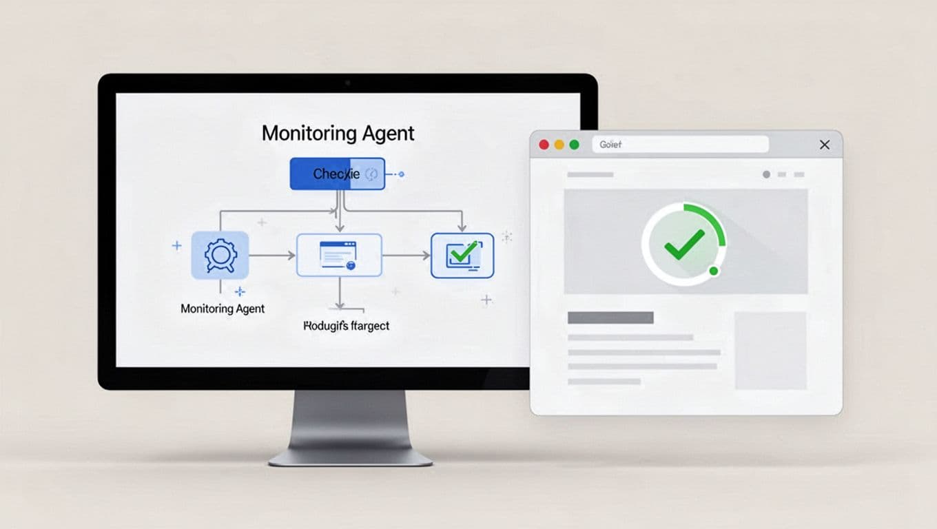 Twin.so interface screens display workflow for building monitoring agent with chat prompt, browser preview, and uptime check.