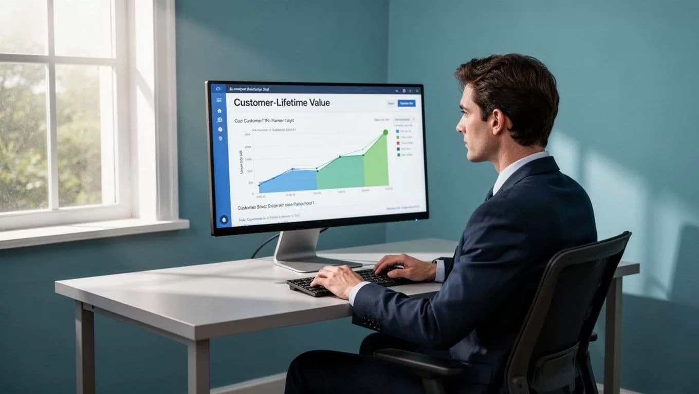Business analyst at home office desk reviews Baremetrics CLV report on monitor with blurred charts.