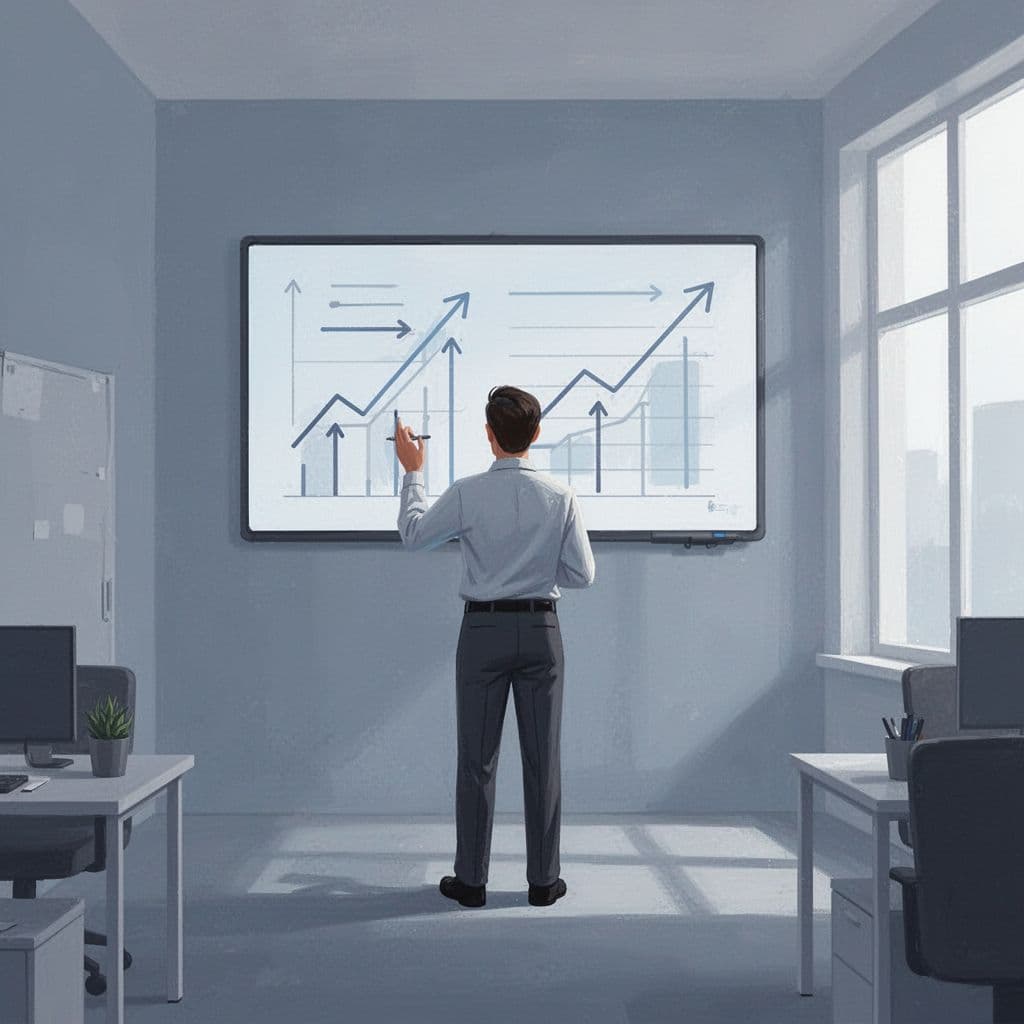 A focused professional observes a digital dashboard displaying growth trends and performance lines.